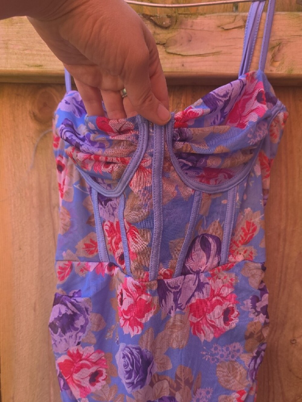 SHEIN Blue Floral Ruched Spaghetti-Strap Mini Dress - Picture 2 of 4
